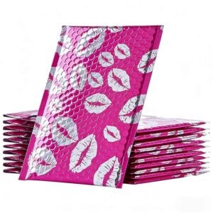 A premium pink metallic bubble mailer with a custom full-surface silver 'lips' print pattern and custom logo placement, showcasing advanced branding capabilities.