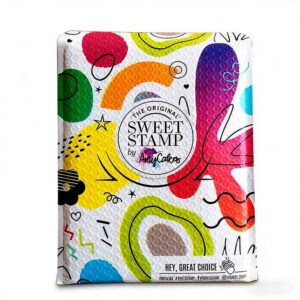 Full-color custom printed poly bubble mailers with artistic brand design.