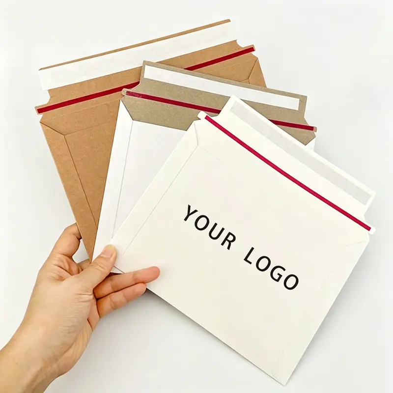 Collection of custom logo rigid paperboard mailers in kraft and white finishes for wholesale.