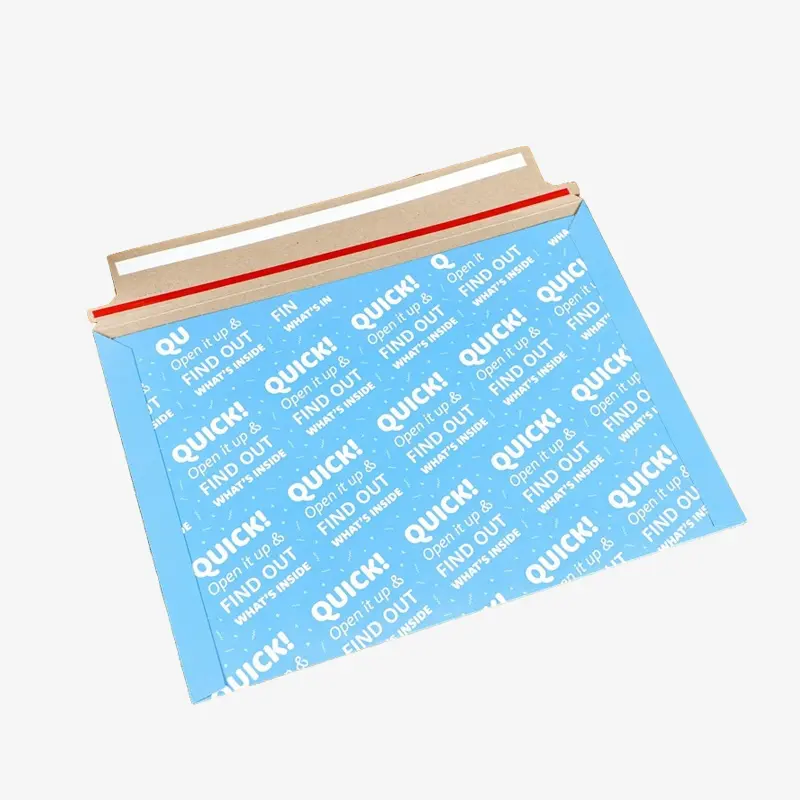 Custom printed rigid mailing envelopes with branded design for secure flat shipping.