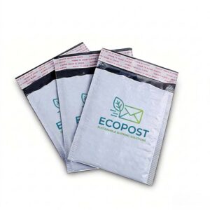 Custom branded white soft shell poly bubble mailers with ECOPOST logo, featuring a sleek, flat surface for premium branding.