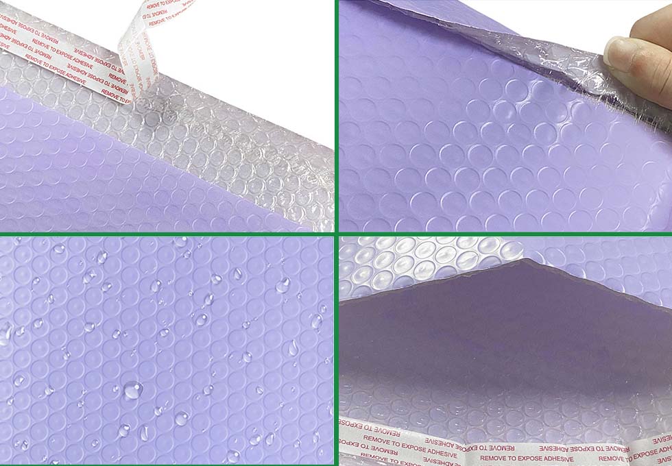 A multi-panel shot of Custom Bubble Mailers with Handle materials, showcasing the waterproof poly surface, ultra-strong adhesive strip, and high-density protective bubble lining.
