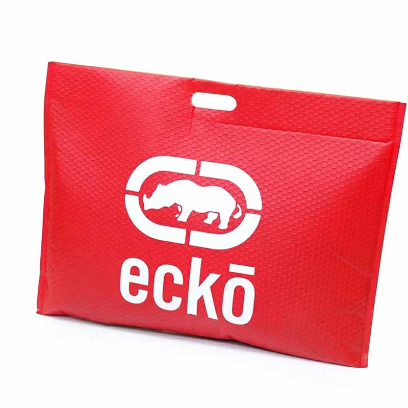 Wholesale custom printed red bubble mailer with handle featuring a white brand logo and matte finish.