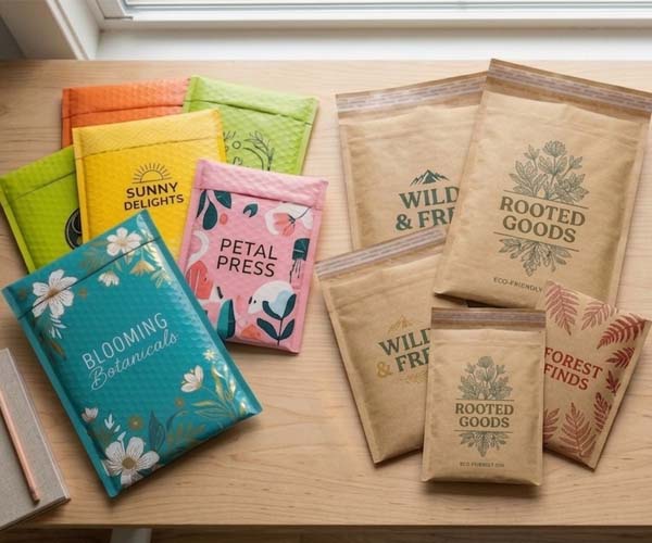 Custom printed bubble mailers collection featuring vibrant colorful poly envelopes and eco-friendly brown kraft paper mailers with diverse branding logos.