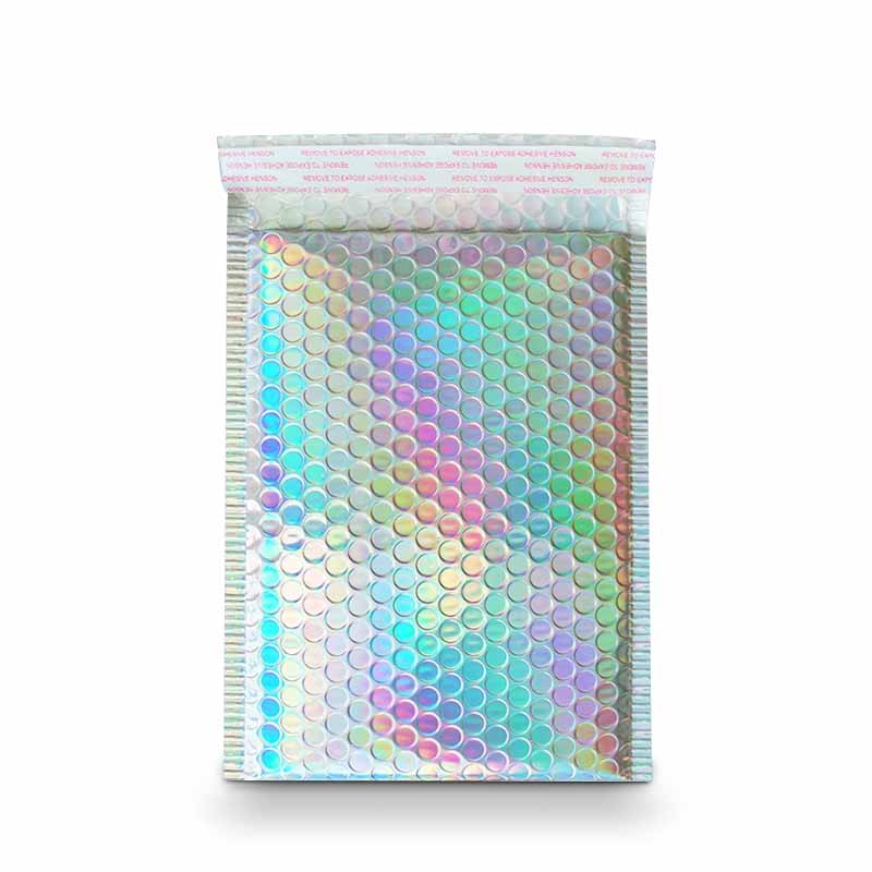 Premium silver holographic bubble mailers with iridescent rainbow finish