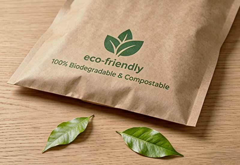 Custom printed eco-friendly kraft paper mailers with 100% biodegradable and compostable certification marks.