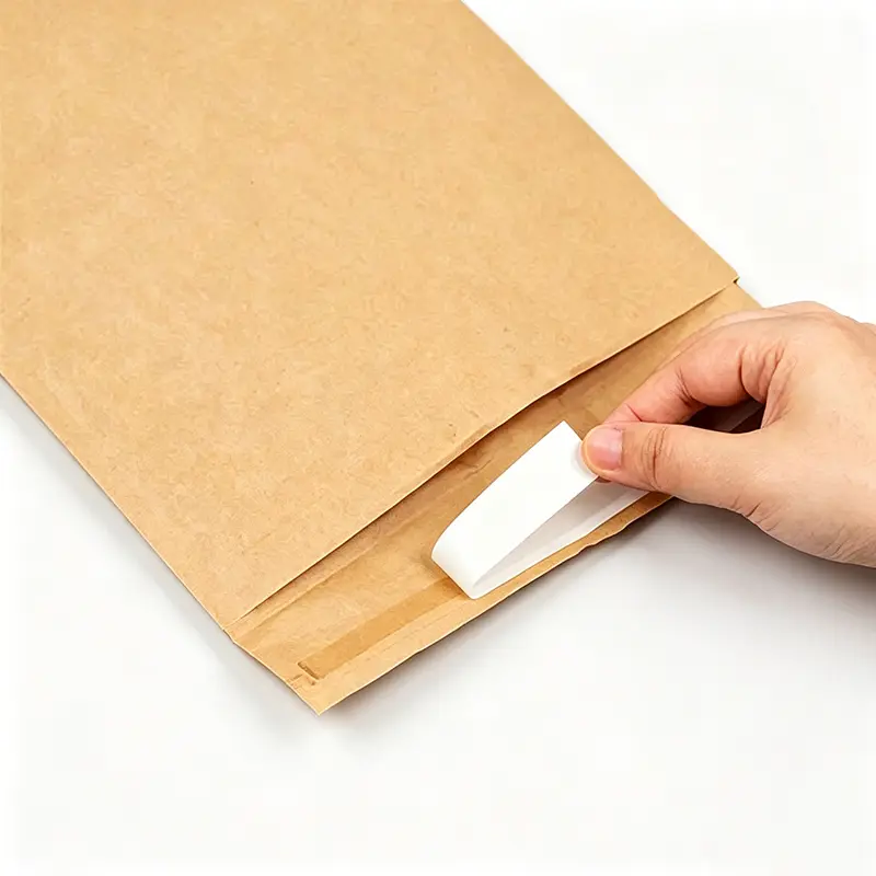 Easy-peel adhesive strip on an eco-friendly cushioned paper mailer.