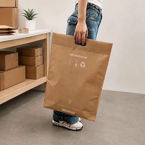 Reinforced kraft mailer with die-cut handle designed for easier lifting and carrying of heavier apparel orders